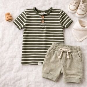Lulu & Roo Striped Henley T Shirt 18–24M Handmade USA Olive Cream